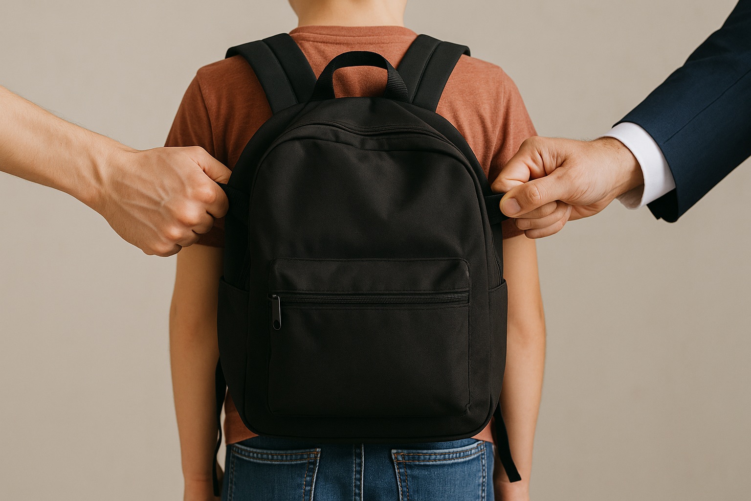 Two adults pulling a child's backpack straps from opposite sides