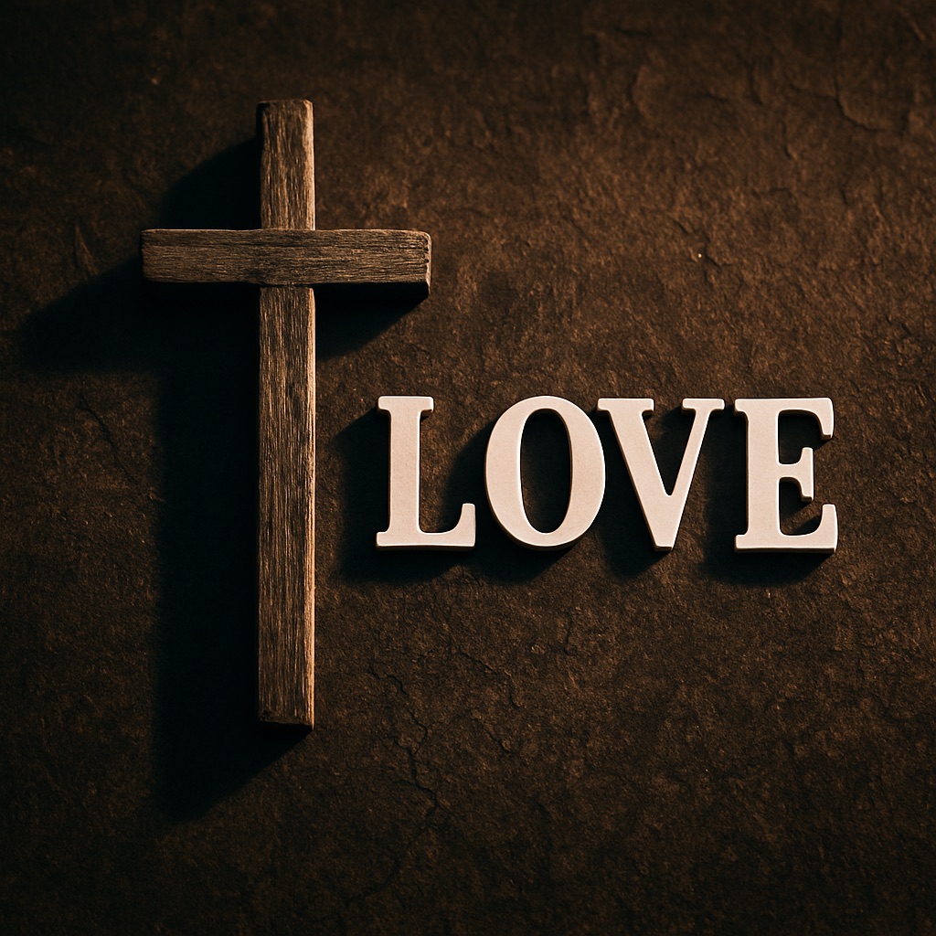Wooden cross beside the word LOVE