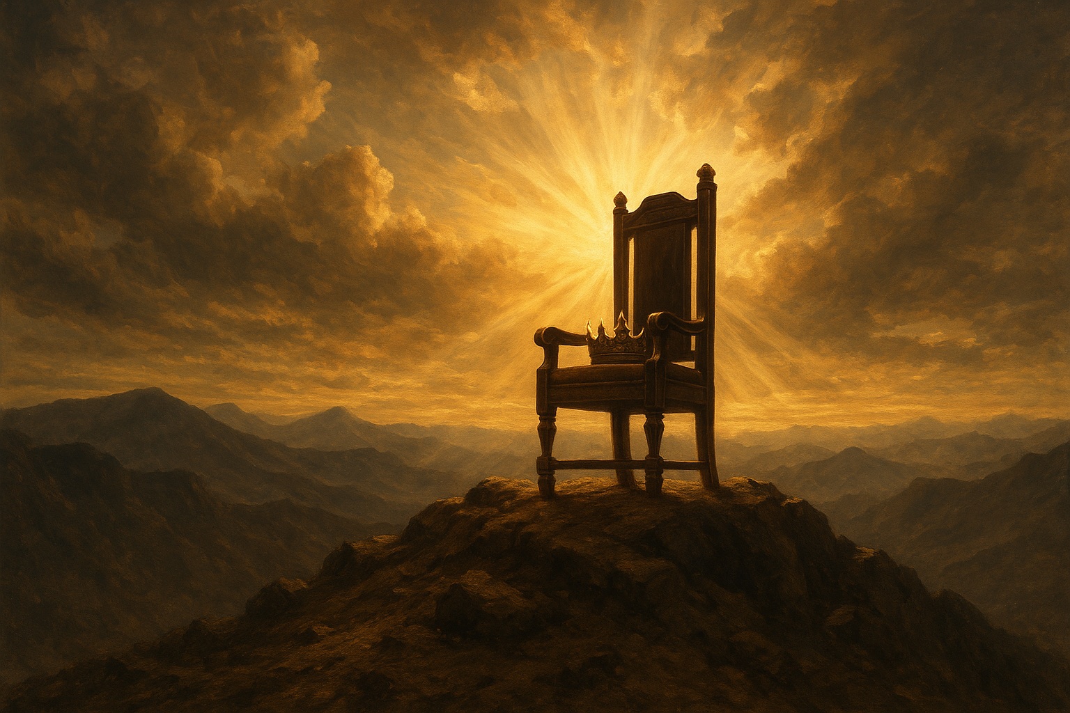 Crowned throne on a mountain peak with radiant sky