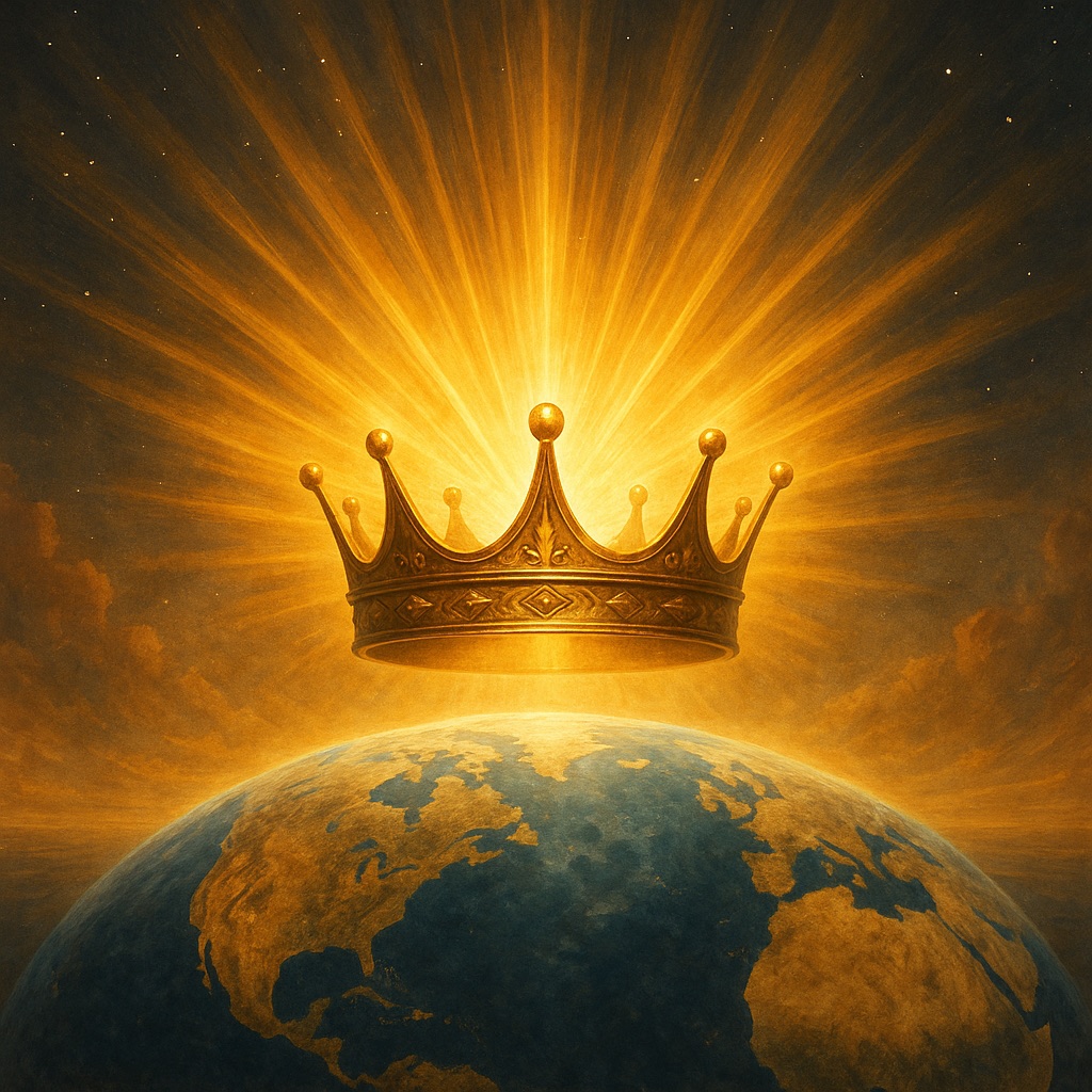 Golden crown radiating light over the earth