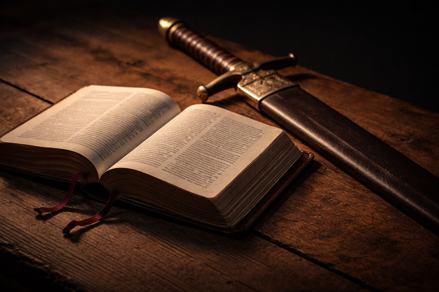 Open Bible beside a sheathed sword on a wooden table