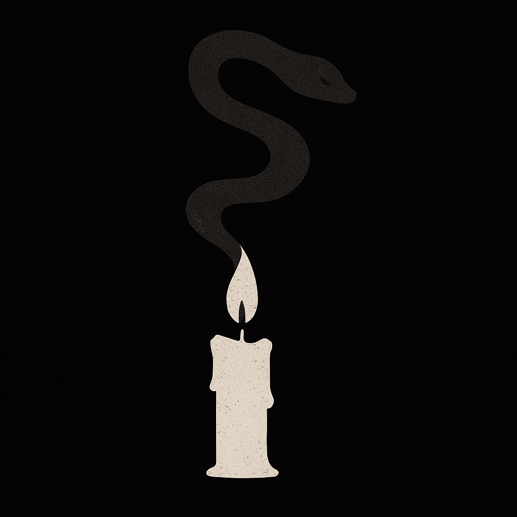 Serpent-shaped smoke rising from a lit candle