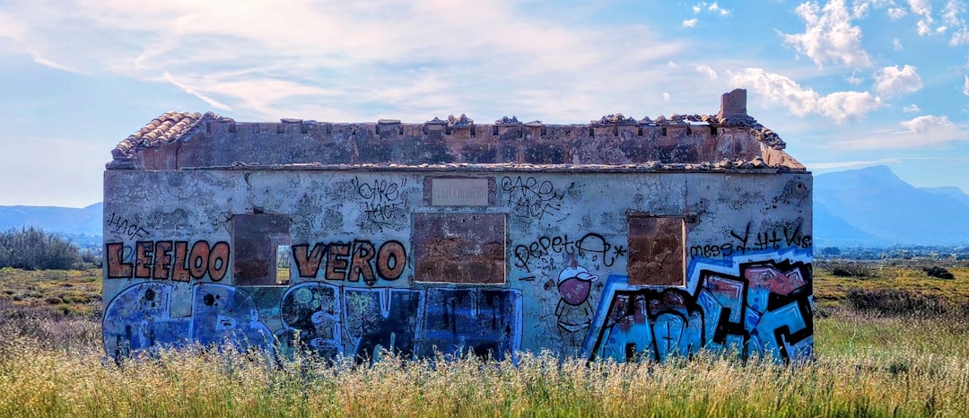 Graffiti covered abandoned building in a field.